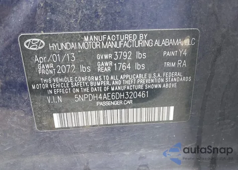 2013 Hyundai Elantra Limited из США, поврежденный, VIN 5NPDH4AE6DH320461